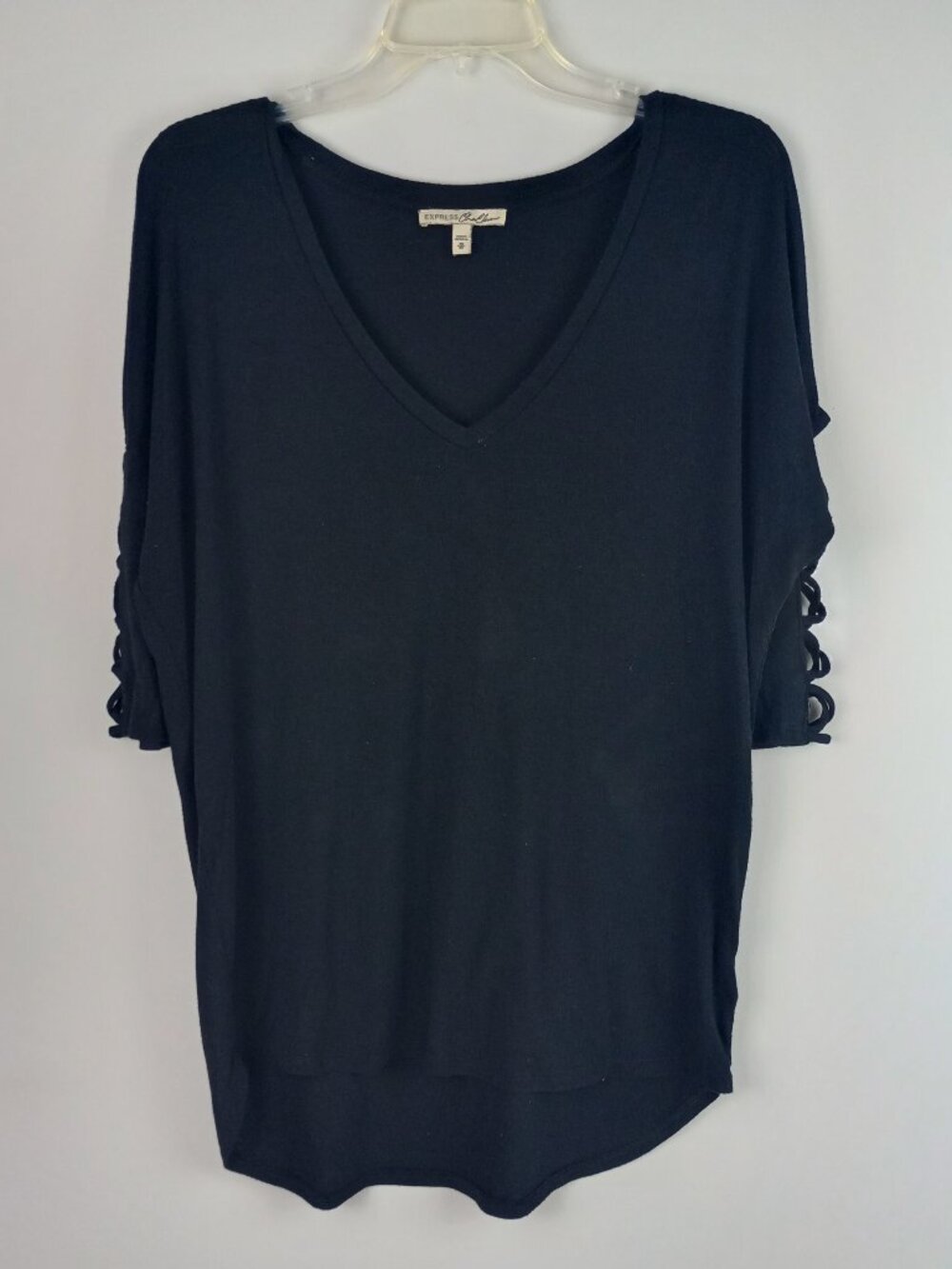 Express One Eleven Womens M Black V‎ Neck 3/4 Lattice Cut Sleeve Blouse Top